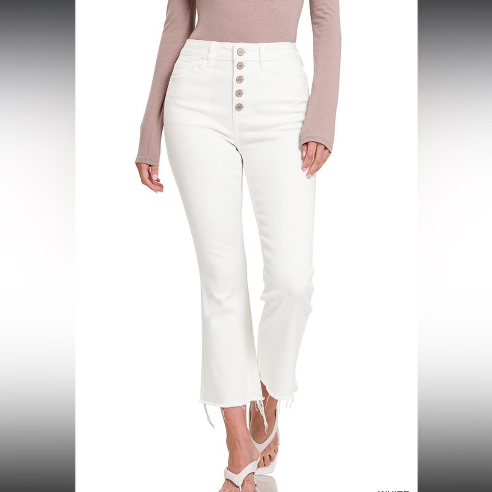 Button Fly Kick Flare White Cropped Denim Pant Jeans NEW
